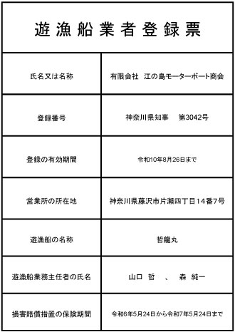 遊漁船業者登録証